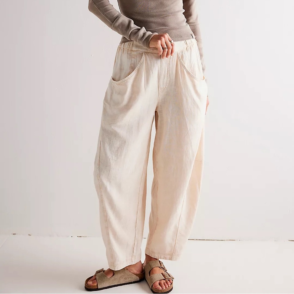 NWT FREE PEOPLE High Road Solid Pull-On Barrel Pants | Birch/Tan MSRP $78 Size S - Picture 2 of 10
